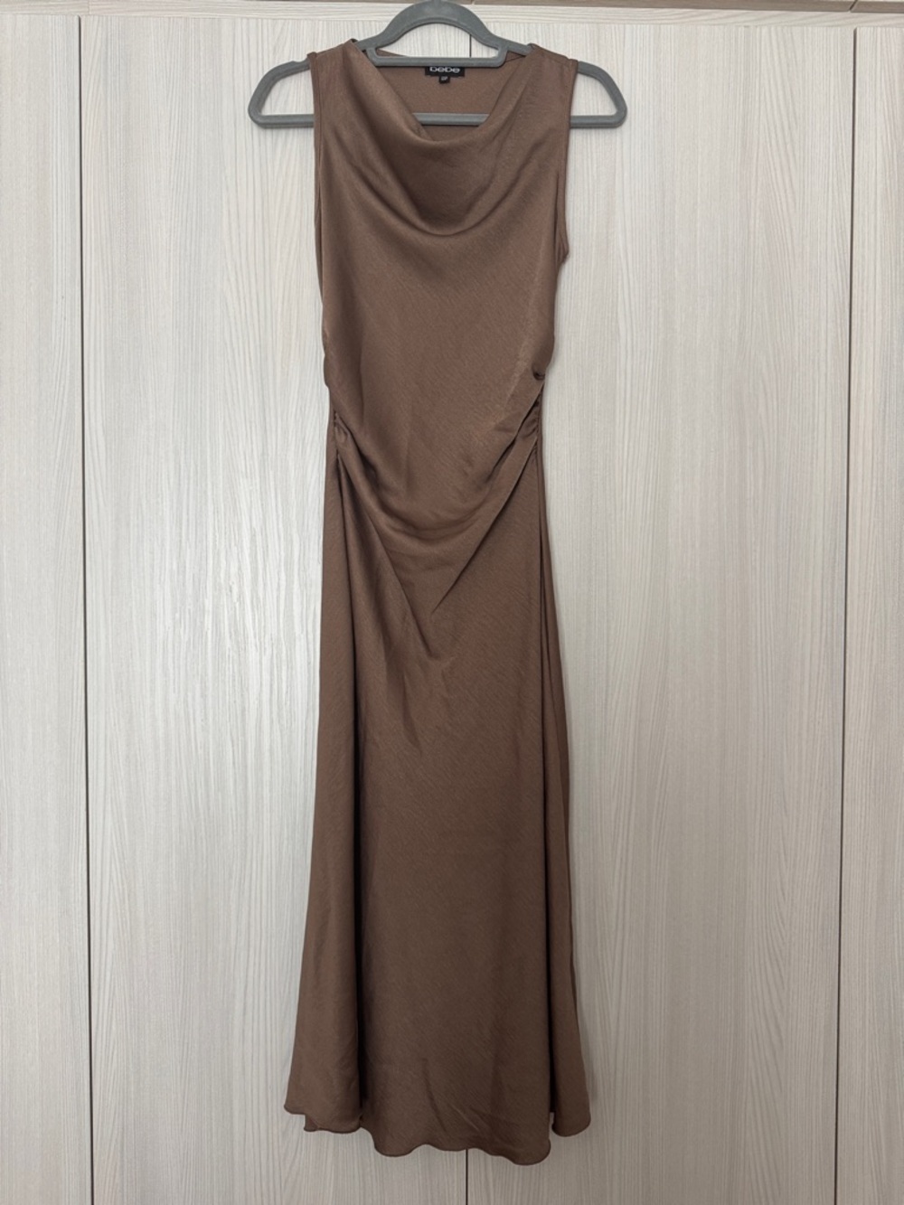 Bebe Crepe Satin Cowl Neck Midi Dress